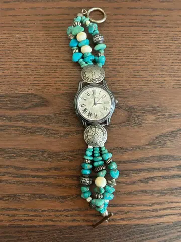 FOSSIL 터콰이즈 비즈 아날로그 시계 팔찌