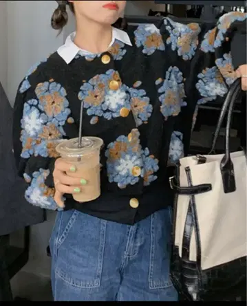 aimoha 바이컬러 보아 도킹 니트 꽃무늬 보아 니트 가디건