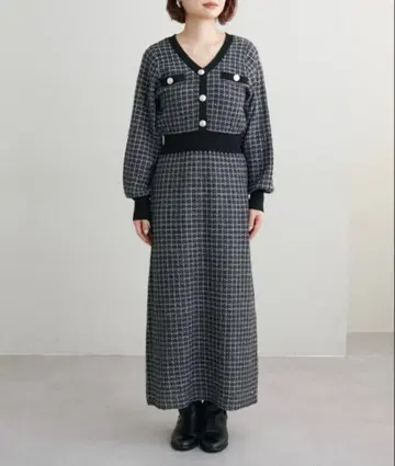 natural couture 금장 버튼 트위드 니트 원피스