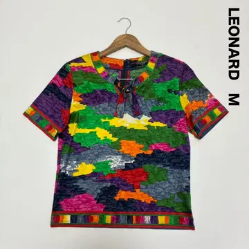 LEONARD 레오나르 반팔 T셔츠 풀오버 M 리본 올 패턴 원색