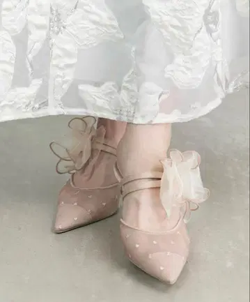 RANDA 쉬폰 리본 하트 뮬 펌프스 M 핑크