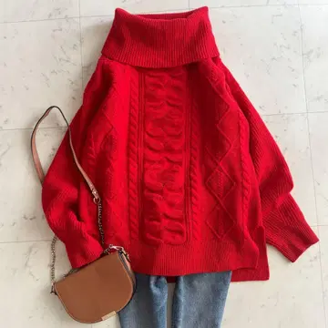 새상품급 그레이스 콘티넨탈 울 100% 터틀넥 케이블 니트 빨간색