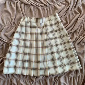 아이보리 브라운 체크 플리츠 스커트