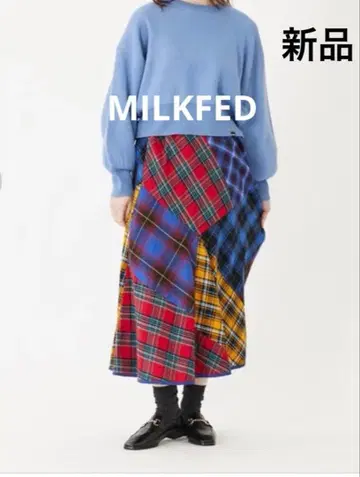 택 포함 새상품 밀크페도 체크 패치워크 롱 스커트 허리밴딩