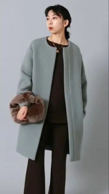 IENA 이에나 22AW 스테디셀러 램스울 노카라 롱 코트 블루