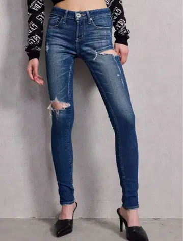 미들 허리 SIDE RIPPED 스키니 데님 팬츠