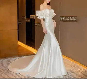 S 웨딩 드레스 머메이드 오프숄더 2차 모임 야외 촬영 결혼식 당일 발송