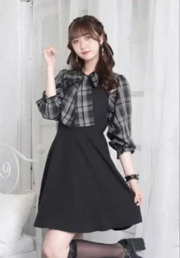 노에미 보타이 블라우스 도킹 원피스 리본 체크 무늬 원피스