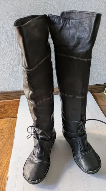 히나 천연 가죽 롱 부츠 레이스업 업 백 지퍼 블랙 스티치 M