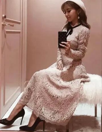 eimyistoire 핑크 벨로아 리본 레이스 플레어 원피스