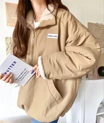 [ 새상품급 ] 리버서블 하프 지퍼 나일론 보아 오버 사이즈 블루종