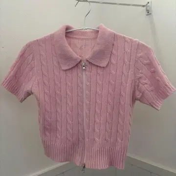 핑크 케이블 니트 반팔 피케 셔츠