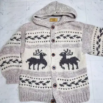 캐나다제 울 100% 카우친 사슴 패턴 후드 부착 니트 XL 상당