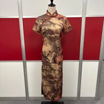 풍경화 프린트 브라운 차이나 드레스