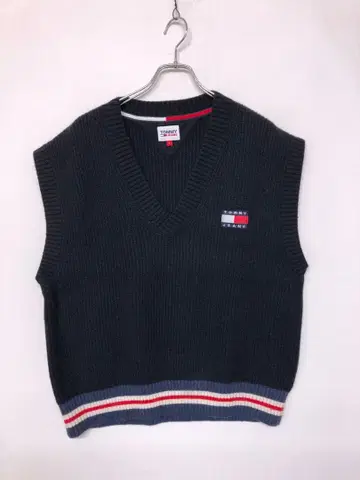 TOMMY JEANS 구제 의류 플래그 로고 자수 V넥 라인 니트 베스트