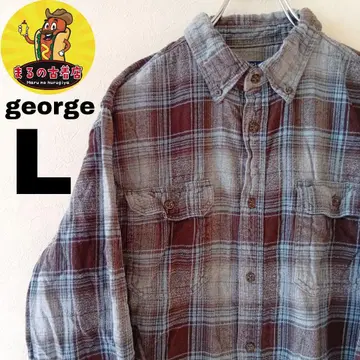 USA 구제 의류 george 플란넬 셔츠 L 라이트 블루 브라운 체크