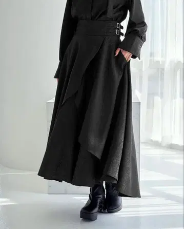 HARE 자카드 플라시 레이어드 스커트 프릴 패턴 벨트 롱