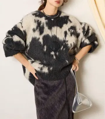 ESICA 에시카 새상품 뉴앙스 카우 패턴 니트 차콜 그레이