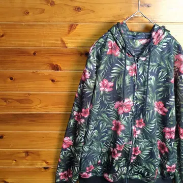 점퍼 블루종 후드티 XL 메쉬 하이비스커스 패턴 보태니컬 무늬