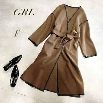 GRL / 브라운 롱 가운 코트 허리 리본 포함