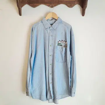 90's 빈티지 작은 새 자수 데님 셔츠