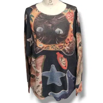 고양이 고양이 고양이 니트 스웨터 풀오버 멀티 컬러 오버 사이즈