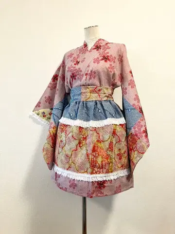 기모노 리메이크 세퍼레이트 미니 핑크 프리 사이즈 핸드메이드