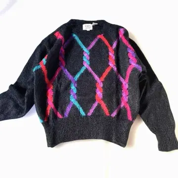 빈티지 기하학 패턴 블랙 모헤어 긴팔 니트 스웨터
