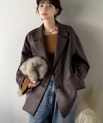 가죽풍 가공 스웨이드 소매 턱 테일러드 자켓 택 포함 미사용 새상품