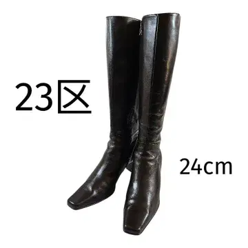 23구 천연 가죽 롱 부츠 다크 브라운 사이드 지퍼 스퀘어토 24cm