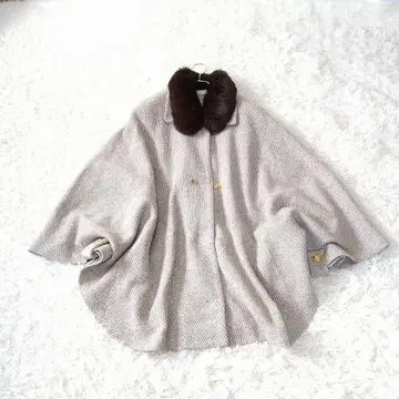 퍼 달린 트위드 울 케이프 판초 코트 L 엠블럼 골드 버튼 루즈핏