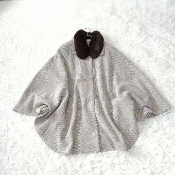 퍼 달린 트위드 울 케이프 판초 코트 L 엠블럼 골드 버튼 루즈핏