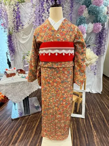 꽃무늬 코몬 기모노 빨간색 오비 포함