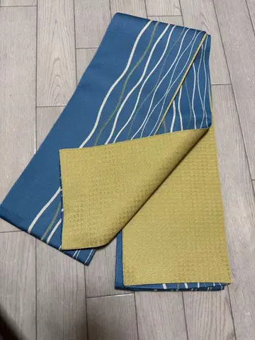 타테와쿠 문양 반폭 오비 블루 겨자색