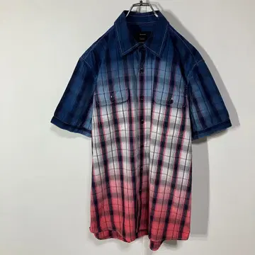 반팔 셔츠 그라데이션 체크 더블 포켓 라운드 컷 구제 의류