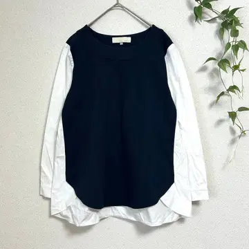 새상품급 자유구 도킹 풀오버 38 M 이소재 레이어드 네이비 화이트