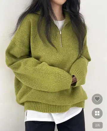 하프 지퍼 니트 풀오버 오버 사이즈 그린 한국 패션