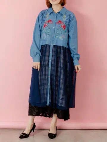 [] 꽃나비 자수 튤 레이어드 데님 OP