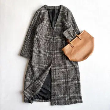 개럴개런트 트위드 체크 코트 노카라 롱 그레이