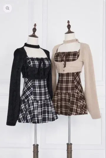 BunnyLis 퍼 볼레로 x 체크 미니 원피스