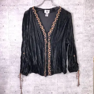 레트로 인도산 해외 구제 의류 방울 장식 에스닉 자수 벨로아 가디건