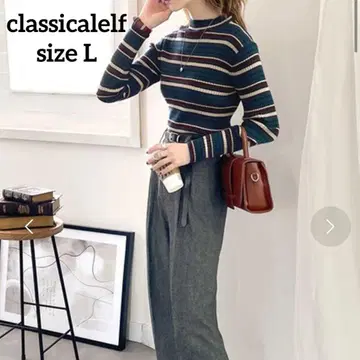 [ 클래식 엘프 ] 리브 니트 멀티 보더 하이넥 L 블루 계열 긴팔
