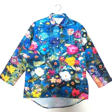 [ 새상품 ] 선명한 플라워 프린트 긴팔 오픈 카라 셔츠 M 사이즈