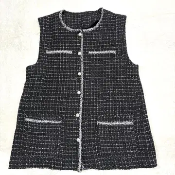 트위드 니트 베스트 베스트 펄 버튼 체크 바이컬러