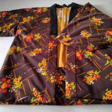 [ 미사용 ] 꽃무늬 브라운 반텐 짱짱코 면 넣은 손바느질