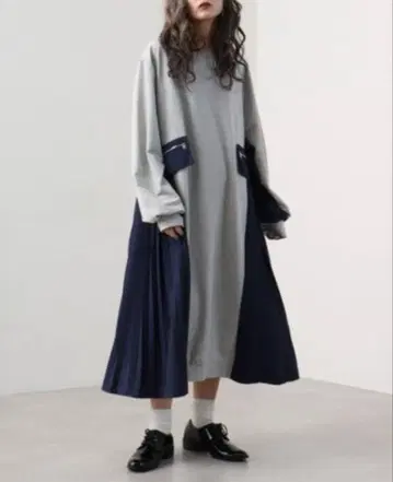 롱 원피스 맨투맨 플리츠 절개 그레이 네이비 성숙/러블리
