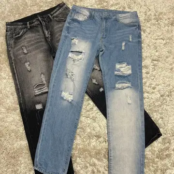 2장 세트 데미지 가공 슬림 핏 데님 팬츠