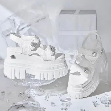 미셸 마카롱 통굽 샌들 화이트 L 사이즈 통굽 퀼팅 비쥬 샌들