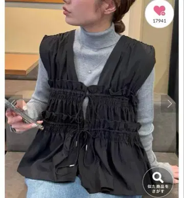 Discoat umm. 개더 리본 사용 슬리브리스 블라우스 블랙