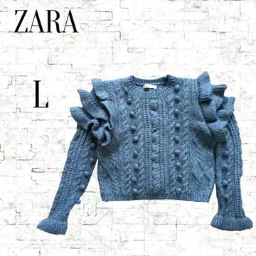 [ 자라 ] 프릴 달린 케이블 니트 숏 기장 블루 계열 L 사이즈